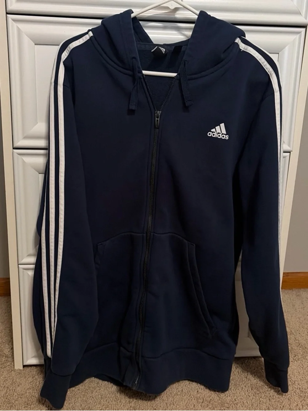 Adidas Navy Blue Full-Zip Hoodie with White Stripes